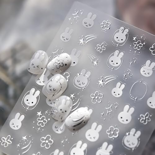 Easter Bunny Nail Art Stickers Cute Rabbit Nail Stickers Flower Star Nail Decals Easter Self-Adhesive Nail Decorations for Women 1 Sheet