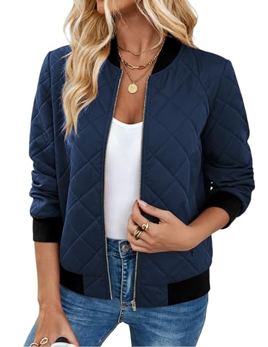 Zeagoo Women Quilted Zip up Jacket Long Sleeve Raglan Bomber Coats with 2 Pockets Navy Blue Small