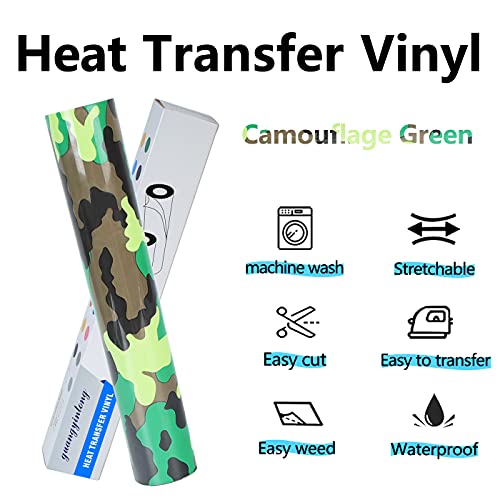 Image of Guangyintong Camouflage Green Heat Transfer Vinyl HTV Rolls, 12 inch x 8ft PU Iron on Vinyl for T-Shirts, Stretchy Thin Soft HTV for All Cutter Machines, Easy to Cut & Weed