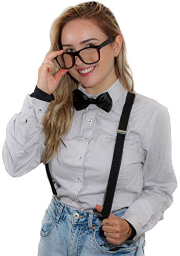 Suspender Bowtie Nerd Clear Glasses Nerd Costume Halloween (Solid Black)