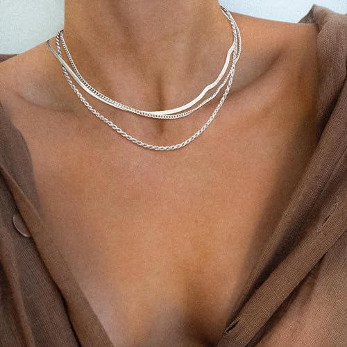 Freekiss FK-NK-06-3SNAKE+ROPE+CUBAN-SL Silver Herringbone Necklace For Women, Layered 925 Sterling Silver Necklace Simple Dainty Cuban Rope Snake Link Chain Necklace Set Chunky Choker Silver Jewelry thumb #2