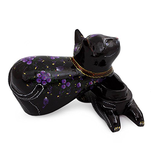 Novica Decorative Mango Wood Lacquered Wood Box, Black, 'Blue-Eyed Kitty Cat' #TOP2