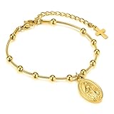 MPRAINBOW Rosario pulsera mujer María colgante – Cruz pulsera de fe – Pulseras cristianas joyas católicas regalo religioso Virgo María medalla mujeres confirmación bautizo, Acero inoxidable, Sin gemas