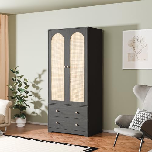 VINGLI Rattan Wardrobe Closet, Armoire Closet with Drawers & Hanging Rod, Armoire with Shelves and Doors, Wooden Wardrobe for Hanging Clothes, Black, 68.9" H