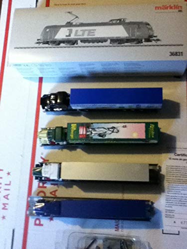 Märklin MARKLIN-HERPA HO Train Set LTE 36831 Digital DB Cast-Metal Electric BR-185 Locomotive W/4 Metal Depressed 8-AXELS Cars W/Assorted Scania-Trucks W/Trailers