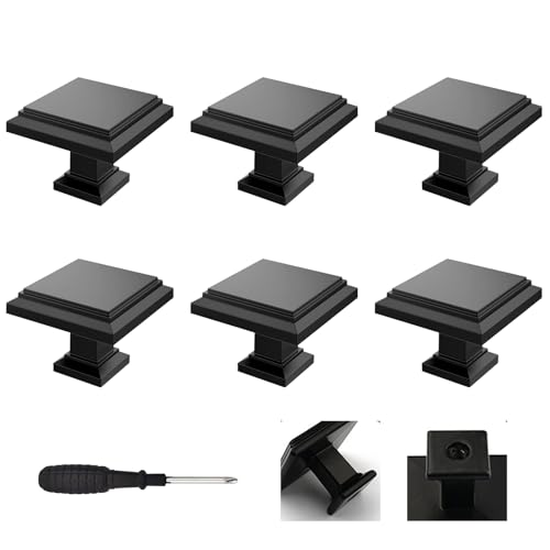 Wondora Lot de 6 Poignées de Placard Noires Forme Carrée, Boutons de Meuble, Poignée de Porte Noire, Avec Vis et Tournevis, Convient pour Placards de...