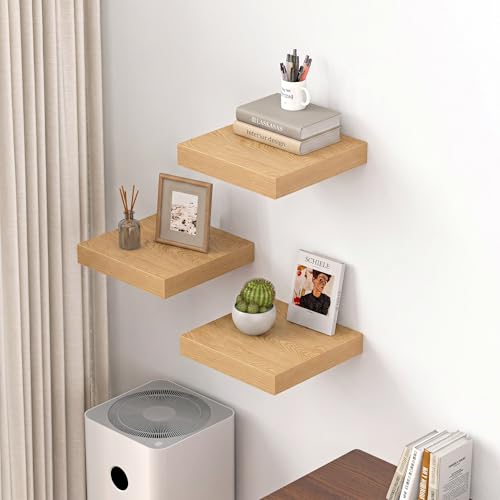 Image of Dreamland 12x12 Floating Shelves for Wall, 12 inch Deep Thicker Floating Shelves, Wall-Mounted Shelves for Bedroom, Living Room, Kitchen, Bathroom,Oak - Set of 3
