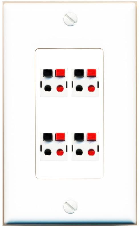 RiteAV 4 Port Speaker Wire Plug Jack Wall Plate - 1 Gang Decorative [White]