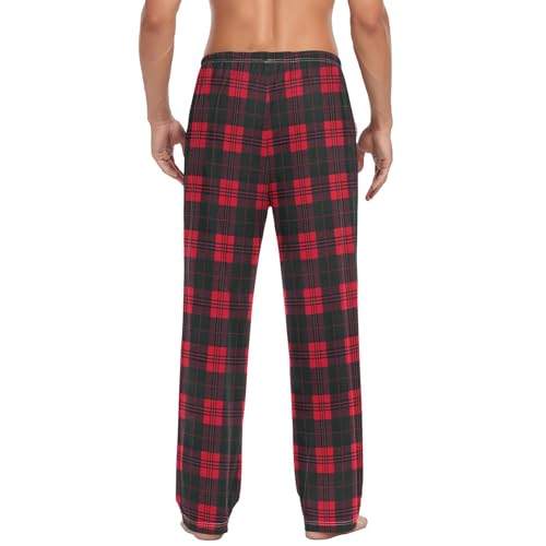 Men’s Red and Black Plaid Pajama Pants with Pockets, Comfortable Lounge Sleep Bottoms#132