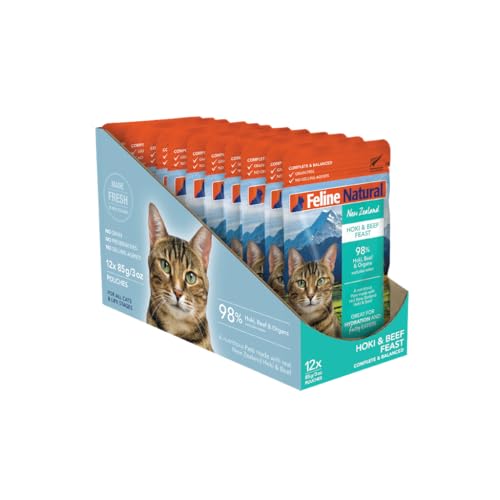 Feline Natural New Zealand Pt Wet Cat Food Pouch High-Meat Low-Carb & Grain Free Cat Food Wet Hoki & Beef 3 oz Pack of 12