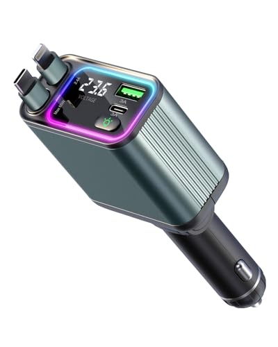 4 in 1 Retractable Car Charger with RGB Light, 92W Fast Charging USB C Car Adapter, Compact Car Phone Charger for iPhone/Galaxy/Pixel, Road Trip Essentials