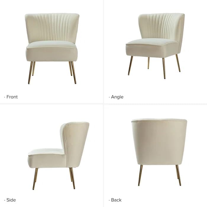 Image of Modern Upholstered Accent Velvet Chair Single Seater Channel Tufted Wing Back Chair with Golden Matel Legs for Living Room, Bedroom, Dining Room, Ivory
