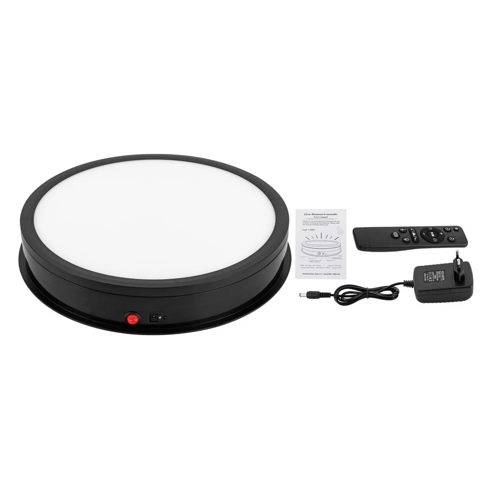 Plato giratorio eléctrico de 42 cm para fotografía, pantalla giratoria con mando a distancia y luz LED para tiendas, estudios, bibliotecas escolares, salas de exposición (negro)