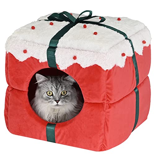Christmas Cat Bed for Indoor Cats,Cat Houses,Small Dog Bed,2-in-1 Cat Tent,Kitten Bed,Cat Hut,Cat Cave with Washable Cushions,Dog Tent Beds,Cute for Cat Puppy Pets
