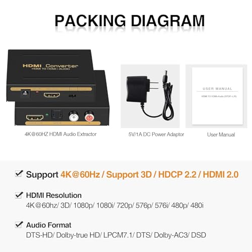 Image of BLACKBOOST HDMI Audio Extractor,HDMI Audio Converter to 3.5mm AUX Audio /Optical 5.1 CH /4k UHD Supports HDCP Dolby Digital DTS 5.1 PCM