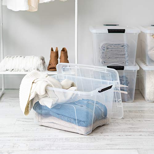 Image of IRIS USA 40 Qt Stackable Plastic Storage Bins with Lids, 4 Pack - BPA-Free, Made in USA - See-Through Organizing Solution, Latches, Durable Nestable Containers, Secure Pull Handle - Clear