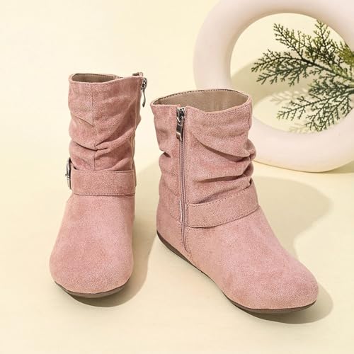 Boots for Girls Kids Ankle Boots with Side Zipper Dress Boot No Heels Booties for Girl Cute Round Toe Non Slip Outsole Ajustable Buckle Mid Calf Boot for Girls4