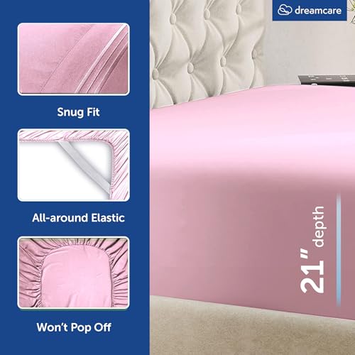 Image of DREAMCARE Queen Sheet Set - 4 pcs Breathable Cooling Sheets - up to 21 inch Extra Deep Pocket Queen Sheets Set with Side Pockets - Extra Soft 100% Brushed Hypoallergenic Hotel Luxury Bedding, Pink