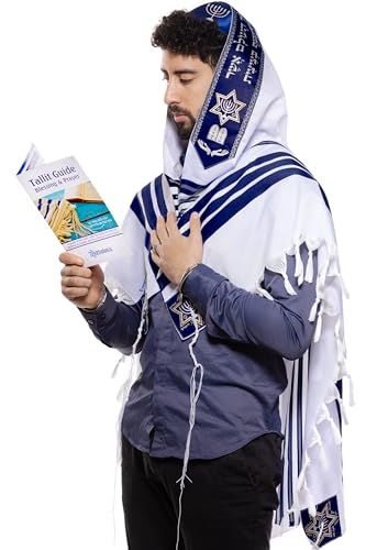Large Tallit Prayer Shawl with Matching Bag Certified Kosher, With Blessing On Neckband & Uniq Design on the Corners, Made in Israel Soft Tallit Prayer Shawl For Men & Women -Navy Blue, 55 - H51 x W71