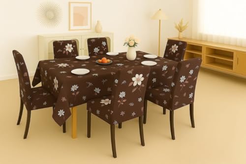 Image of Homerz Premium 6 Seater Dining Table Cloth with 6 Dining Chair Covers,Elastic Fitted Chair Slipcovers, Printed Polycotton Fabric, Table Cloth Size 60x90 inch (Brownie)