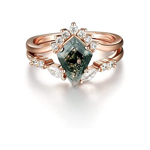 Natural Moss Agate Gemstone Genuine 925 Sterling Silver Ring for Women Kite Cut Women's Ring Set for Engagement Silver 925 Jewelry, 925 Sterling Silver,Rose Gold,Gemstone,Metal,Silver, Agate Cover