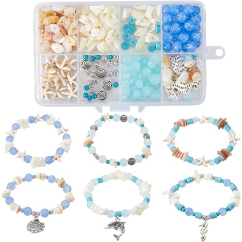 SUNNYCLUE 1 Box 6pcs Ocean Bracelet Making Kit Shell Beads Starfish Bead Summer Sea Animal Charms Lucky Turquoise Bead Stone Chip Beads Bulk Glass Beads for jewellery Making Kits Adults Craft Supplies