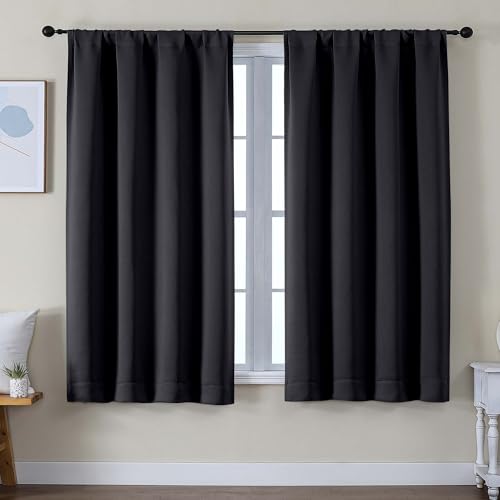 Image of Simplebrand Ava Black Blackout Curtains for Bedroom 63 Inch Length 2 Panels Set, Solid Thermal Insulated Privacy Living Room Window Treatment Curtains Blackout Drapes, W50 x L63 Inch