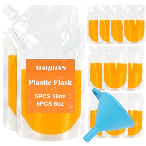 MAQIHAN Plastic Flask - Leak-Proof Drink Pouches, Reusable Plastic Hidden Flasks for Travel, Food-Grade Juice Pouches, Soft Flask for Cruise, Events, Concert, Sports (5pcs-16oz, 5pcs-8oz)