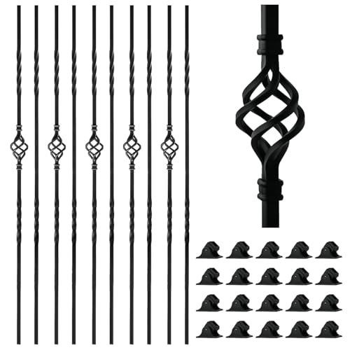 Belinova 30 Pack Wrought Iron Balusters 44'' Hollow Staircase Balusters with Swivel Shoes Balusters for Staircase Interior Double Twist Stair Basket Decorative Spindles for Staircase Indoor