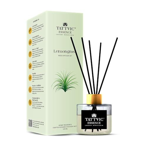 Image of Lemongrass Reed Diffuser Set by Tattvic Essence | 6 Fiber Reed Sticks Free | Stress Relief & Aromatherapy | Long-Lasting, Smoke-Free Air Freshener for Bedroom & Bathroom| Ideal for Gifting | 120ml