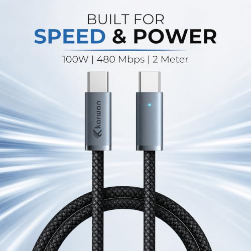 Image of KARWAN 100W Type C to Type C Charging Cable,2M Nylon Braided Tangle free PD-3.1 Ultra Fast Charging & Data Sync Cord with E-Marker Chip for Laptops,iPad,Macbook,Tablet,iPhone,Android Smartphone & More