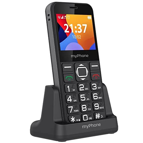 myPhone MP Halo 3 Téléphone Portable pour Seniors avec Station de Charge, Grand écran 2,3” Téléphone à Touches, Bouton d'appel d'urgence, Lampe de Poche, Bluetooth, Batterie 1000mAh, Caméra – Noir