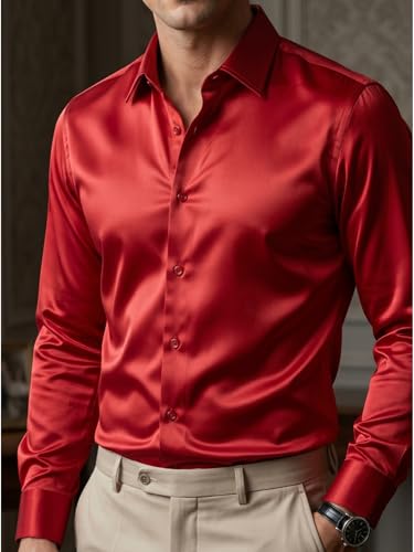 Image of DEELMO Men's Stylish Solid Satin Casual Shirt for Men Full Sleeves| Poly Satin Silk Shirt