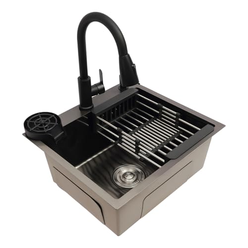 Evier Cuisine,45 * 40cm évier de Cuisine en Acier Inoxydable évier Intégré le Robinet Extractible 360° avec évier+Panier de Drainage+Distributeur de...