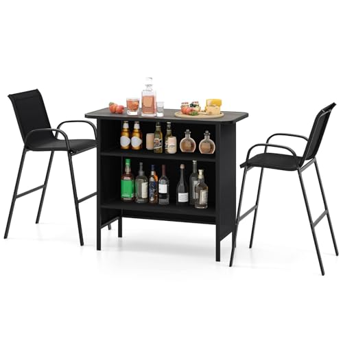 Costway 3 Piece Outdoor Bar Set, Patio Bar Height Table & Chairs w/Breathable Fabric, Wood Plastic Tabletop & 2-Tier Shelf, Heavy-Duty Metal Barstool & Table Furniture for Backyard, Poolside, Porch