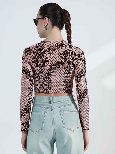 Image of ICW Women Long-Sleeves Round Neck Net Printed Transparent Mesh Sheer Crop Top T-Shirt DN38(Mix Print)