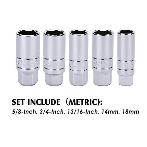 Image of MIXPOWER 3 /8-Inch Drive Spark Plug Socket Set, SAE & Metric, CR-V Steel Mirror finish, 6-Point, 5 /8-Inch, 3 /4-Inch, 13 /16-Inch, 14mm, 18mm, 5-Piece Set