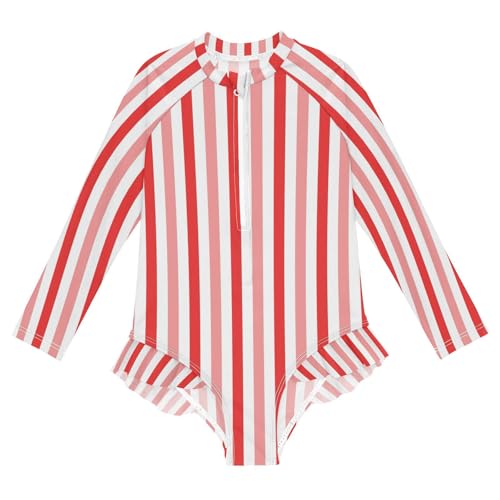 CaTaKu Girls Swimsuit One Piece Rash Guard Pink Red Stripes Kids Bathing Suit Long Sleeve UPF 50+ Swimwear 3-12T