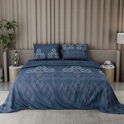 Image of BLISSHOME Everlast 150TC King Size Printed Bedsheet with 2 Pillow Covers for Double Bed, Aesthetic Bedding, Wrinkle Resistant, 100+ Wash Durable, Quick Dry, Ornate Design - Blue (228cm x 274cm)