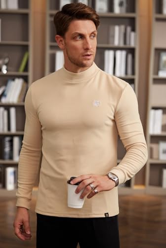Image of Herberton Mens Mock Turtleneck Shirts Thermal Fleece Casual Undershirt | Mockneck, Long Sleeve, Warm Fleeced, Regular Fit, Soft Feel, Stretchy, Solid Color, Embroidery Design, Cold Weather, S-2XL
