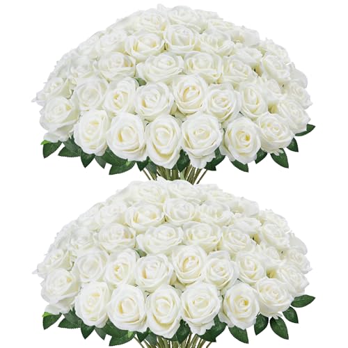 Image of InnoGear 50 Pcs White Roses Artificial Flowers, Fake Velvet Silk Rose Bulk Faux Flower for Mother's Gift Decoration DIY Wedding Centerpieces Proposal Bridal Bouquets Party Floral Decor (50, White)