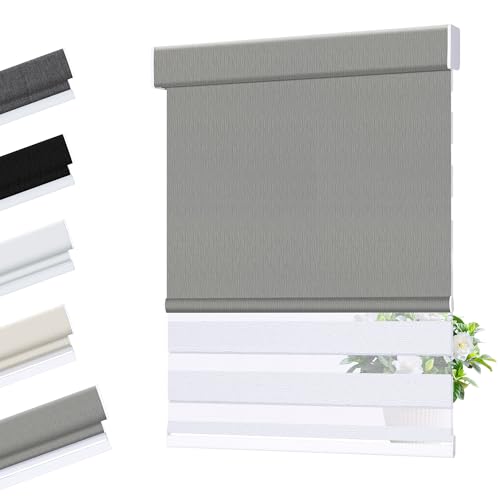 Allesin Zen Cordless Dual Roller Shades with Square Cassette, Double Layer Window Shades, Blackout and Light Filtering, Day and Night Blinds for Home Office Door, Gray and White, 24" W X 46" H