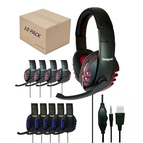 Getgold Gaming Headset, 10 Pack Bulk LED Gaming Headphones with Microphone, USB and 3.5mm Audio Jack, Red and Blue LED Lights