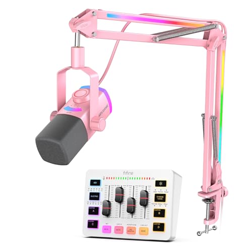 FIFINE XLR/USB Gaming Microphone with Boom Arm Stand &amp; Audio Mixer Kit, RGB Streaming Mic with RGB Arm Boom&amp;Volume Knob, Gaming PC Mixer with Slider Fader for Streaming/Podcast/Recording-AM8PROTP+SC3W