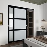 BARNSMITH 72x80 Sliding Closet Door, 3-Panels Preassembled Frosted Glass Door Panel with Hardware Kits & Matching Fascia, MDF Covered with Water-Proof & Anti-Scratch PVC Surface, Black