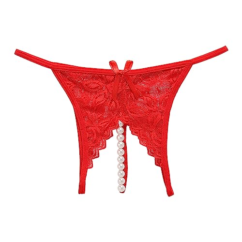Sous-vêtements en dentelle ouverts avec perles transparentes Fonction massage Sous-vêtements pour homme String, rouge, M