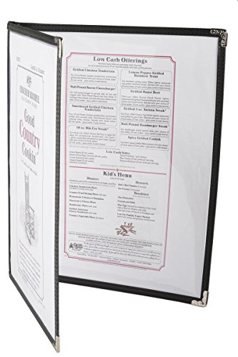 Set of 10, Double Fold Menu Covers for 8.5x11 Sheets, Black Synthetic Leather, Decorative Metal Corners
