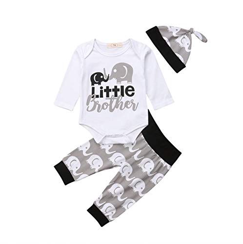 Newborn Baby Boy Little Brother Tops Long Sleeve Romper Elephant Pants Hat Outfit Clothes Set(3M