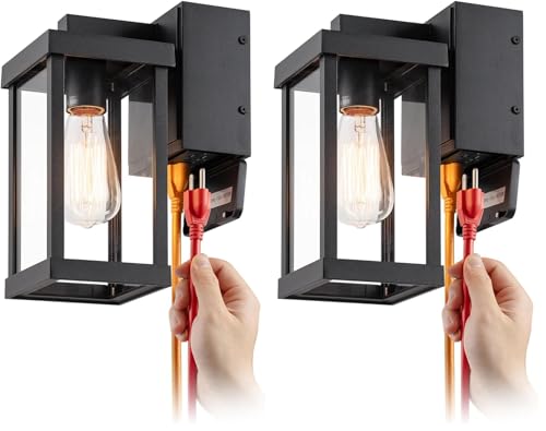Image of mirrea 11 inch Classic Outdoor Wall Sconce with Built-in GFCI Outlet 1 Light in Matte Black Rectangular Metal Frame and Clear Glass Shade Waterproof Porch Light Patio Light (Pack of 2)