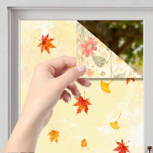 Image of Nuxovilar Fall Window Cling 17.7 x 39.4 in, White Frosted Sunflower | White frosted PVC helps obscure views for privacy, with sunflowers, wildflowers, maple and ginkgo leaves in soft fall colors